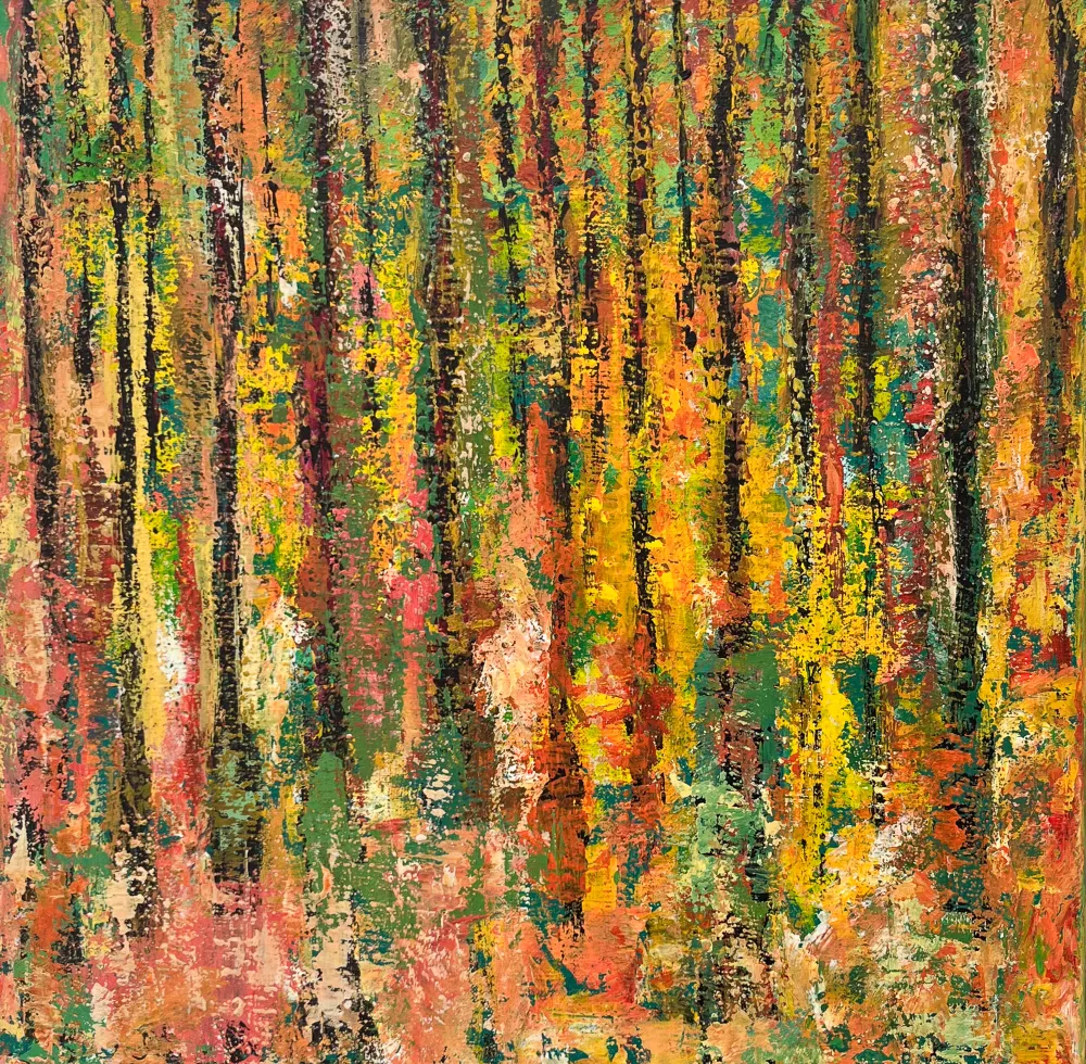Gemälde Acryl auf Leinwand von Bäumen und Wäldern in grünen, braunen und roten Farben. Abstrakte, moderne Kunst.