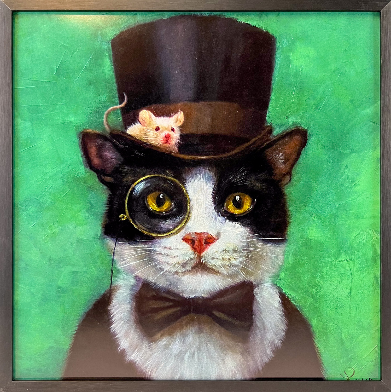 Tuxedo Cat von Lucia Heffernan, Kunstdruck von nobler Katze Kunstdruck von nobler schwarz weißer Katze mit Monokel, Zylinder Hut und weißer Maus. Royal und Edel. Im Bilderrahmen. Pop-Art.