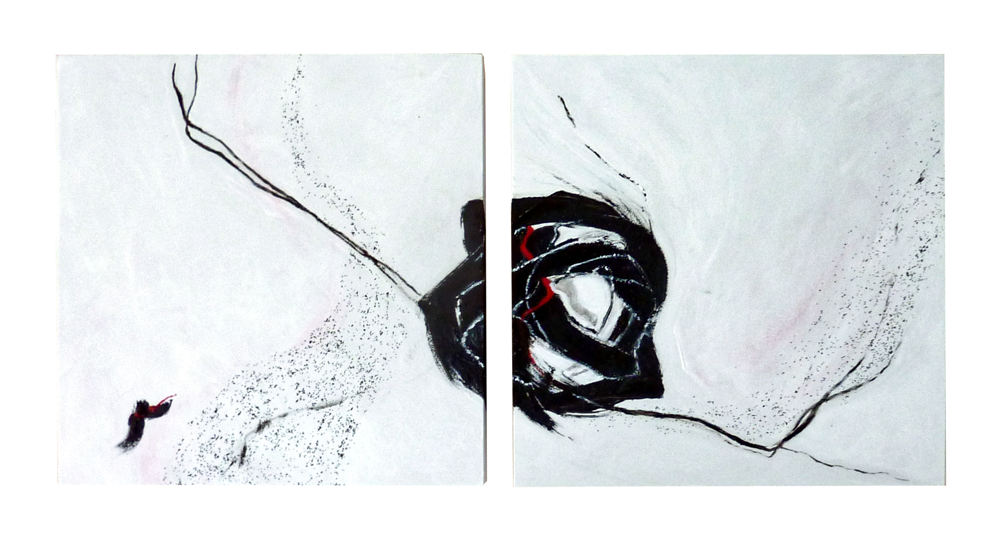 Abstraktes Gemälde eines Gedankenknotens. Kunst mit Psychologie Thema. Schwarze Kringel auf weißer Leinwand.