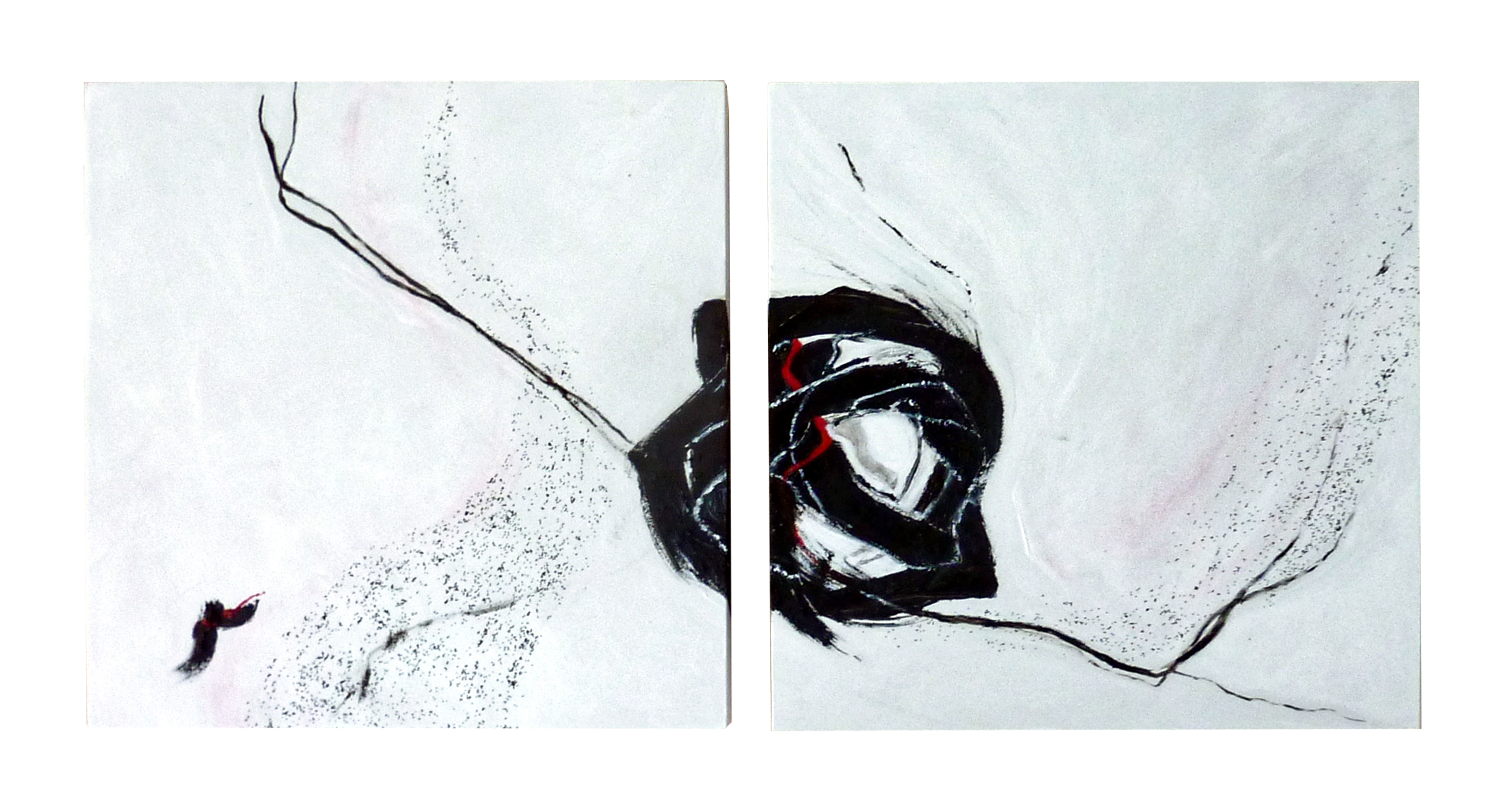 GEDANKENKNOTEN_XXIII von Brigitte Struif Abstraktes Gemälde eines Gedankenknotens. Kunst mit Psychologie Thema. Schwarze Kringel auf weißer Leinwand.
