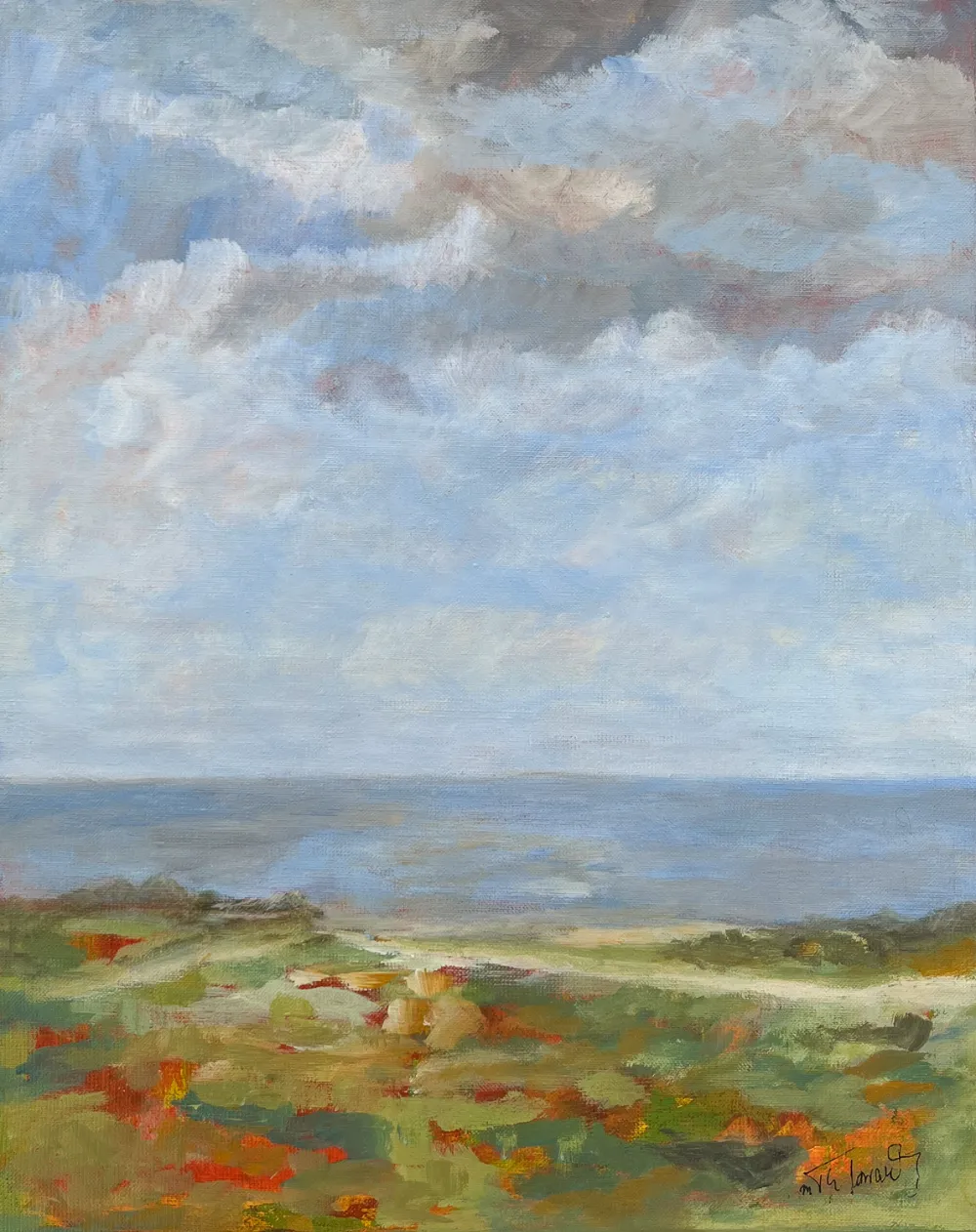 Gemälde Acryl auf Leinwand von Wolken über dem Meer an einer Küste. Naturmalerei. Impressionistisch. Hochformat.