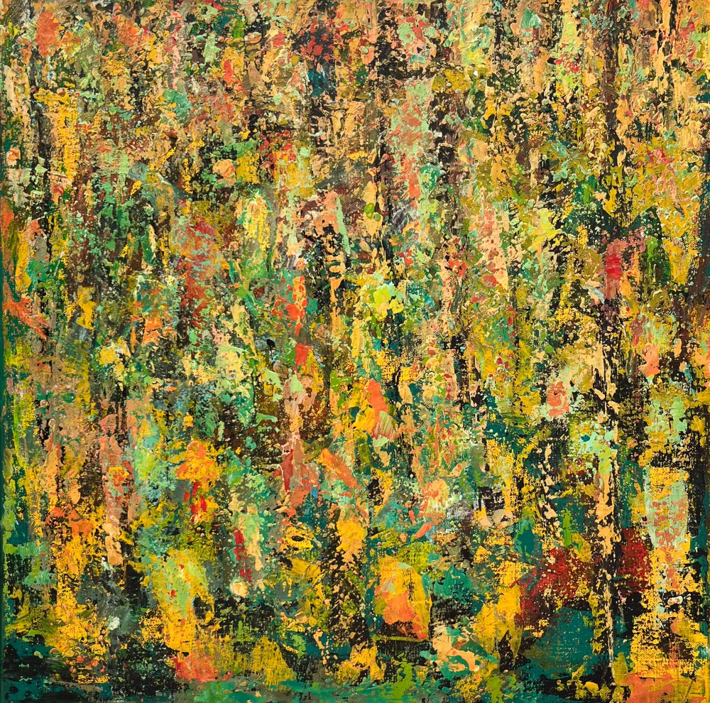 Abstraktes Gemälde von Bäumen und Wald in grünen und braunen Farben. Acryl auf Leinwand. Von Dora.