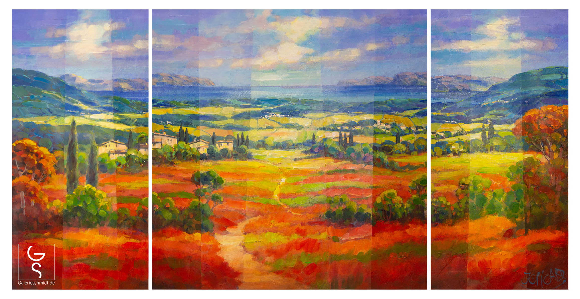 Weg zum Meer von Jean-Claude Picard, dreiteiliges Triptychon Weg zum Meer von Jean-Claude Picard, dreiteiliges Triptychon, mediterranes sehr großes Gemälde