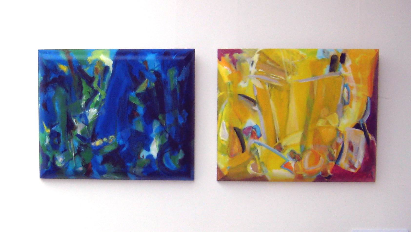Gemälde auf Kissen Leinwand in blau und gelb, abstrakte moderne freundliche Kunst