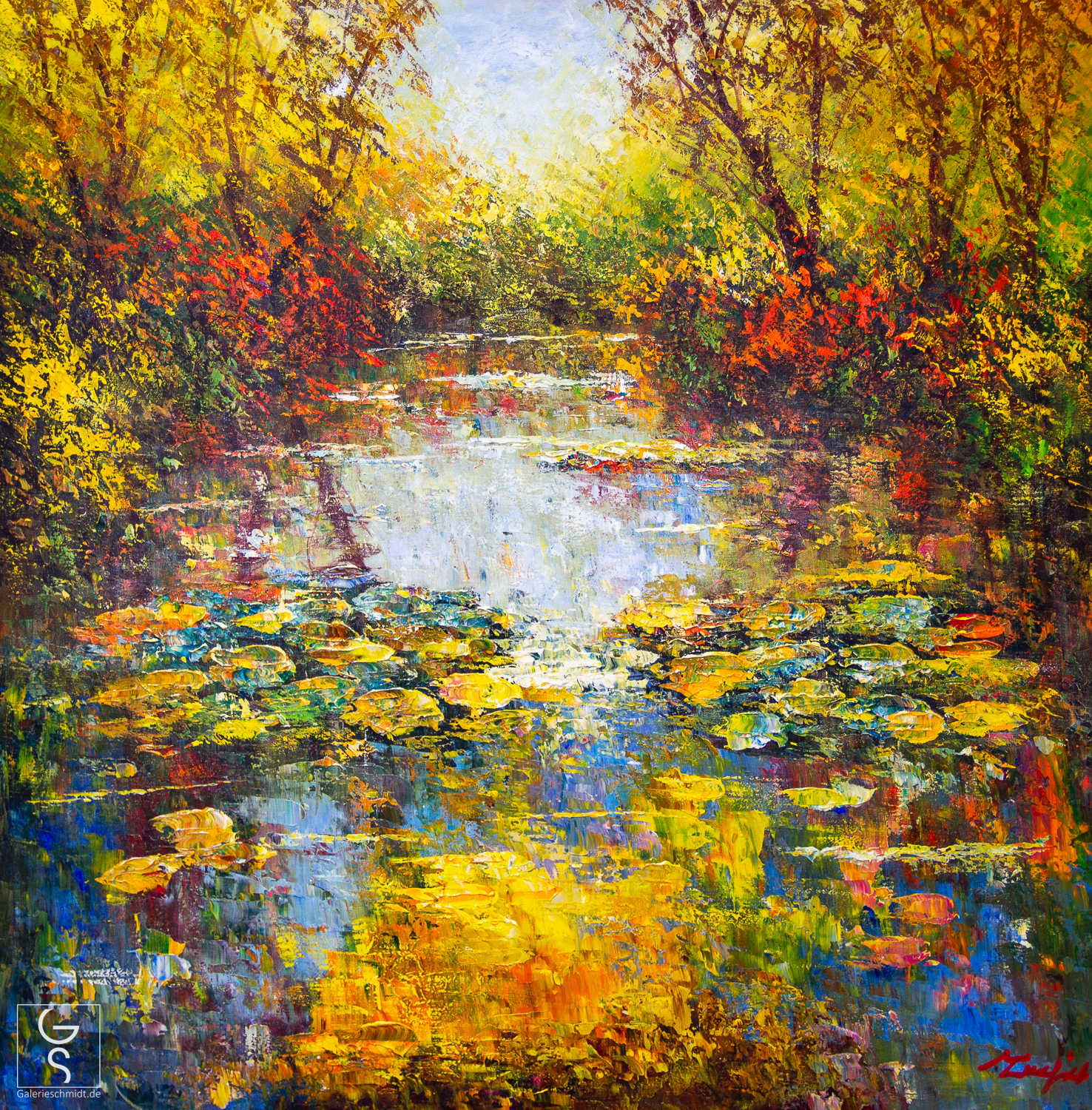 Reflexionen am Wasserspiel, Gemälde von Madjid, abstrakte Landschaft Reflexion eines Waldsees in Herbstfarben