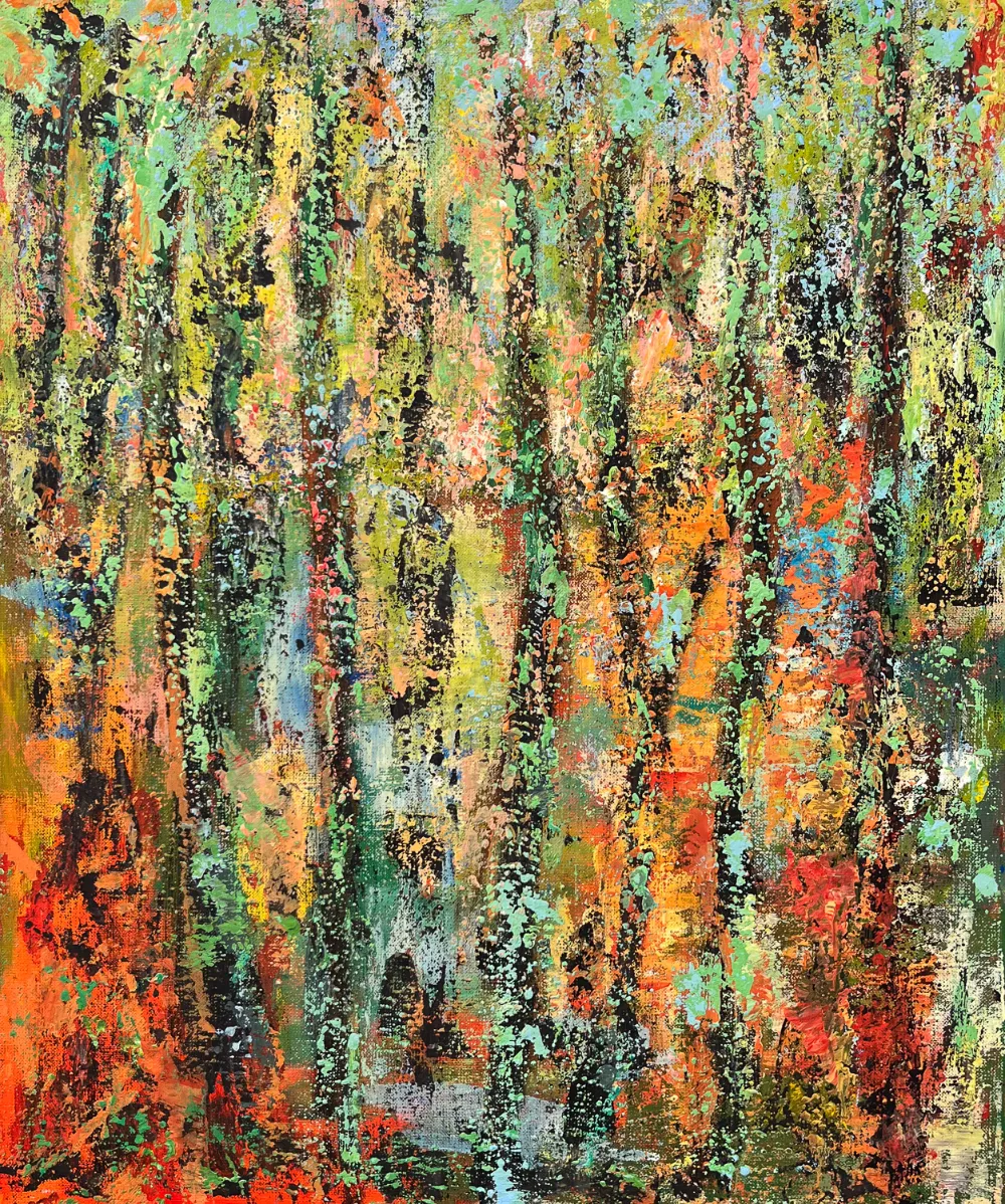 Dora Afra Acryl auf Leinwand 50x60 cm Afra 970 Euro Bunter abstrakter Wald, modernes Gemälde, freundliche Farben, Hochformat von Dora