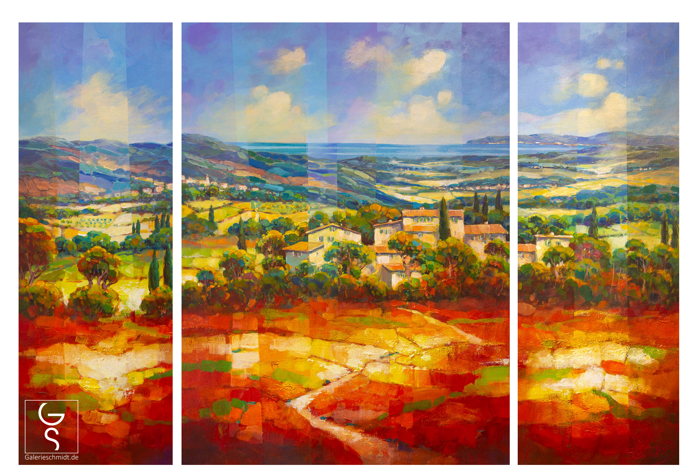 Dorf in leuchtender Landschaft von Jean-Claude Picard, Mediterranes dreiteiliges Gemälde in unserer Kunstgalerie jetzt online kaufen.
