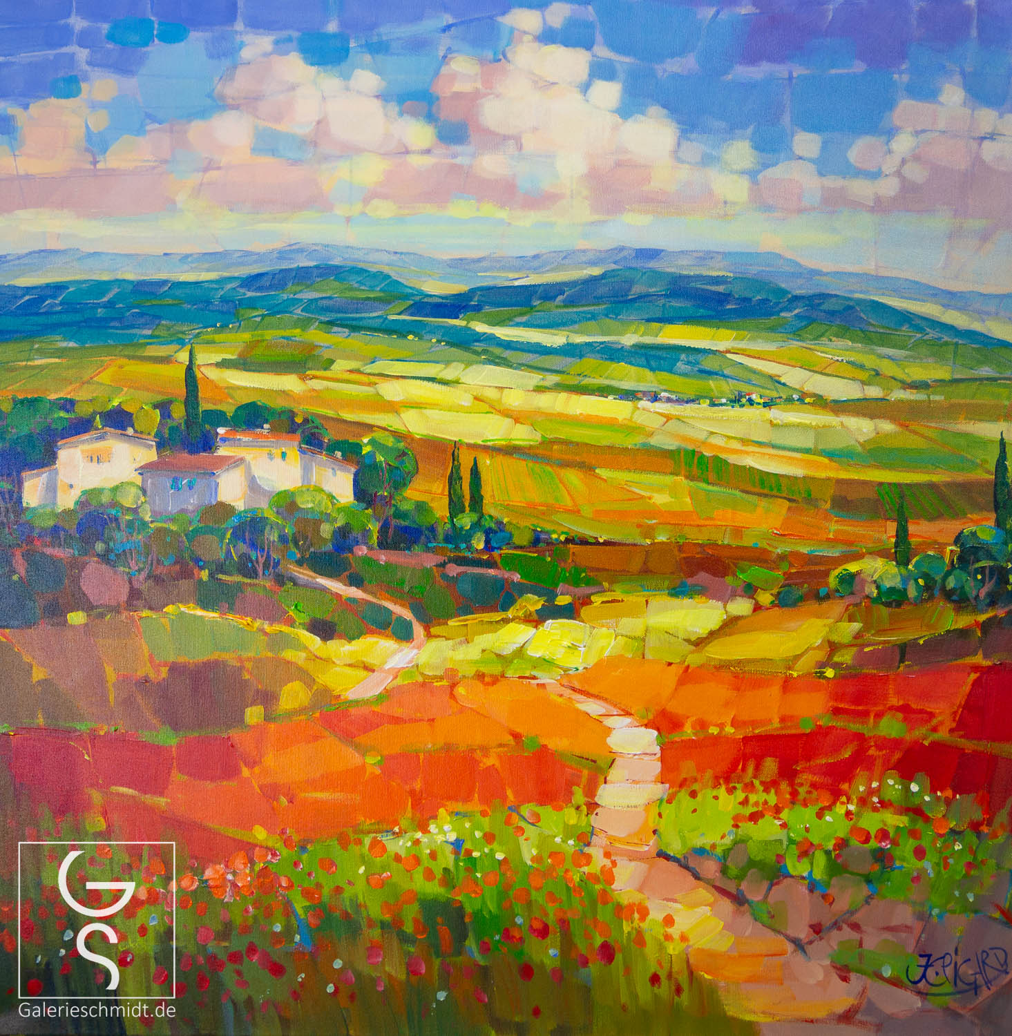 Dorfweg in der Hügellandschaft von Jean-Claude Picard, mediterranes Gemälde auf Leinwand
