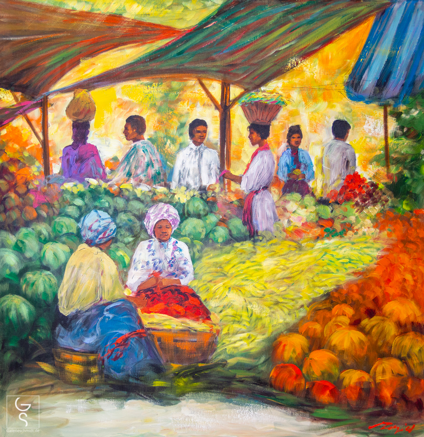 Markttag-Vibrance, Marktgeschehen Gemälde von Madjid Markttag-Vibrance von Madjid, Marktgeschehen in Afrika, butes Treiben