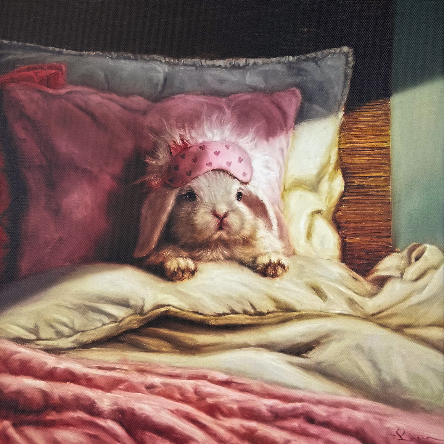 Kunstwerk auf Leinwand, schlafender Hase, in Pink und Rosa, Pop Art