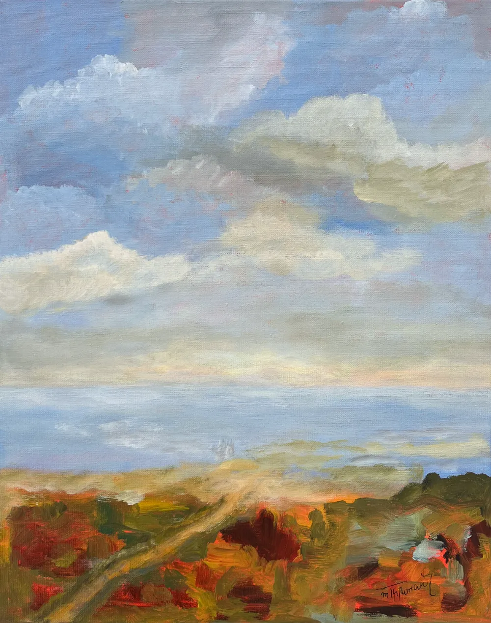 Gemälde einer Küste mit Wolkenbergen. Naturmalerei. Acryl auf Leinwand. Von Dora. Hochformat. Blauer Himmel, Natur.