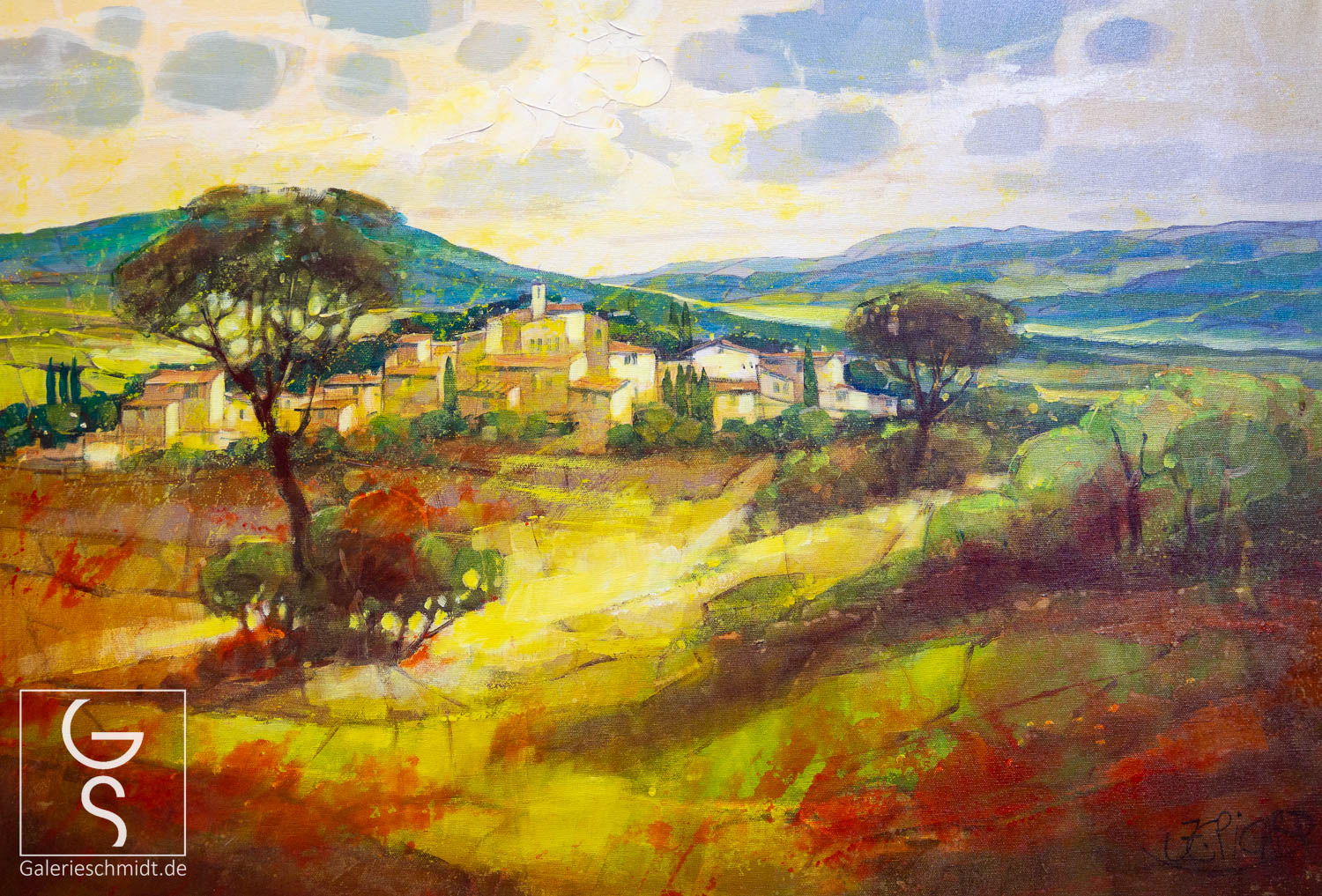 Dorf im Sonnenaufgang von Jean-Claude Picard Gemälde in prächtigen Farben