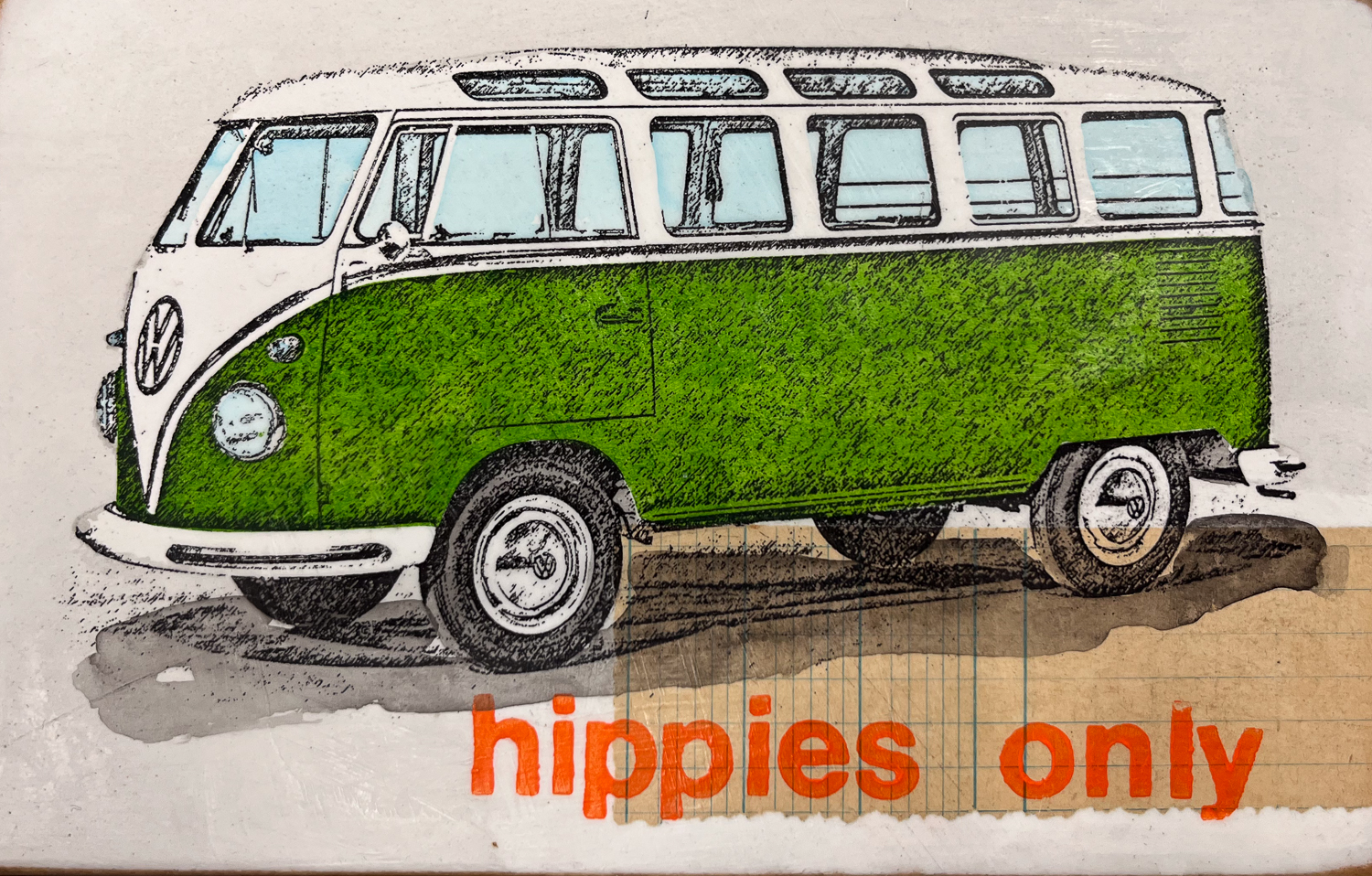 Hippies Only von Petersen, 3D Kunstobjekt mit grünem VW Bus