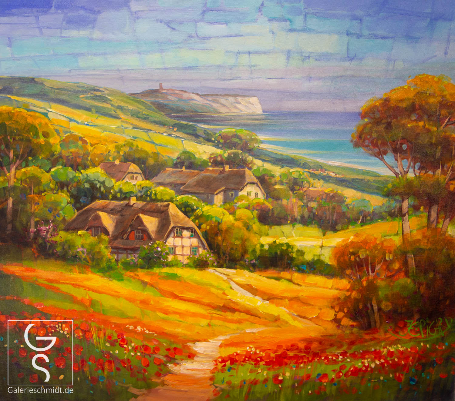 Pfad zum stillen Meer von Jean-Claude Picard Pfad zum stillen Meer von Jean-Claude Picard, traumhaftes Landschaftsgemälde