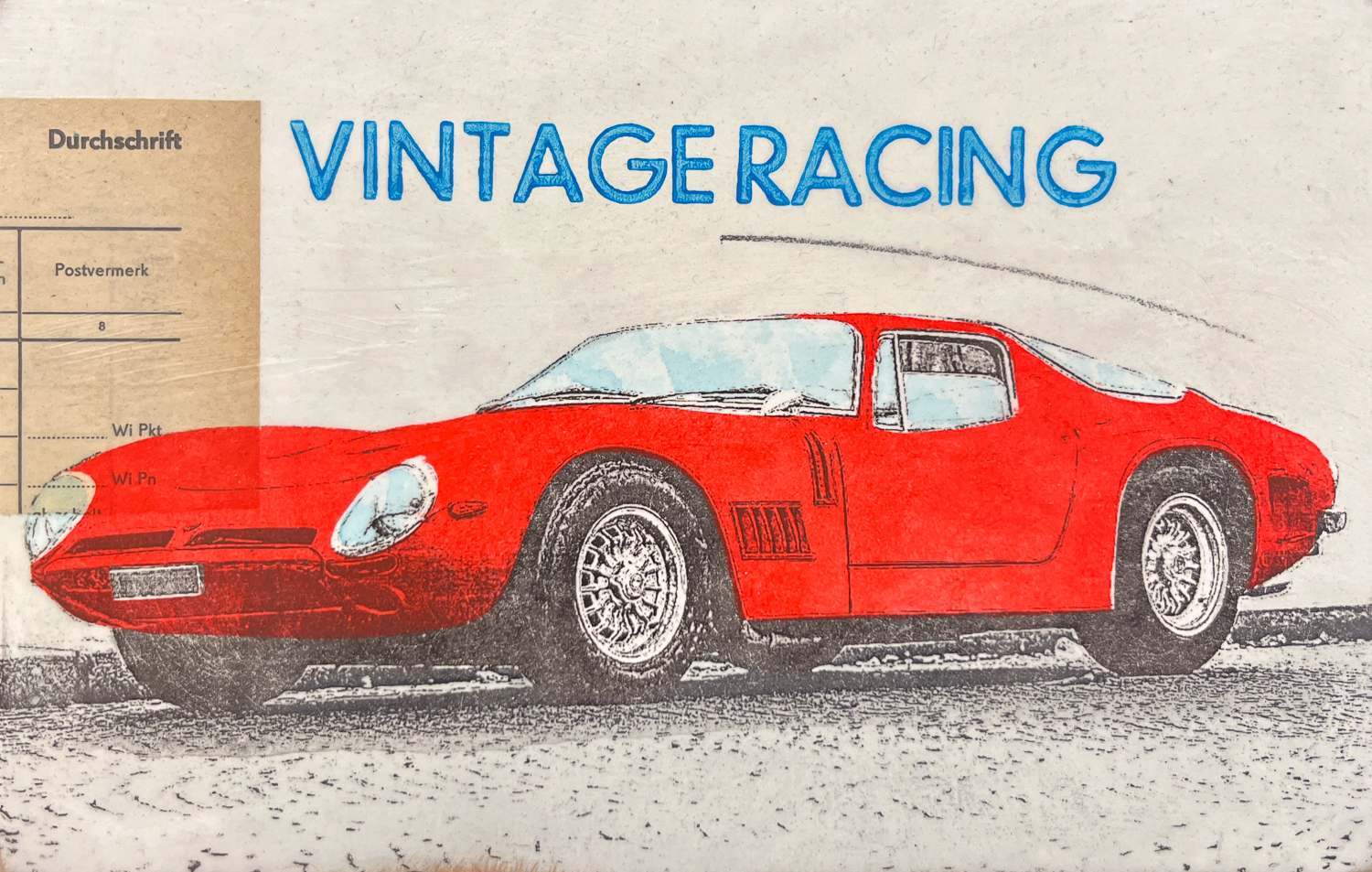Vintage Racing von Petersen, 3D Kunstobjekt mit rotem Porsche,  Retro Rennwagen Kunst