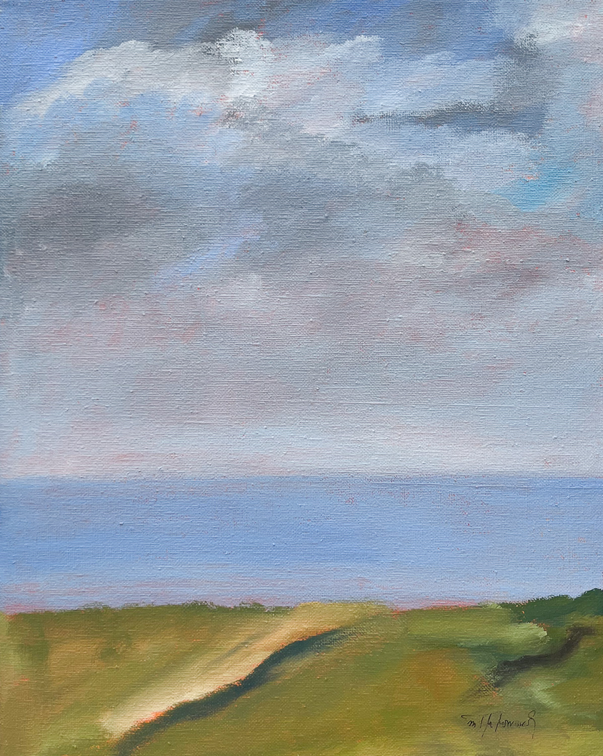 Acrylgemälde eines Himmels über einem Weg an der Küste. Blauer Himmel, Acryl auf Leinwand, Hochformat.