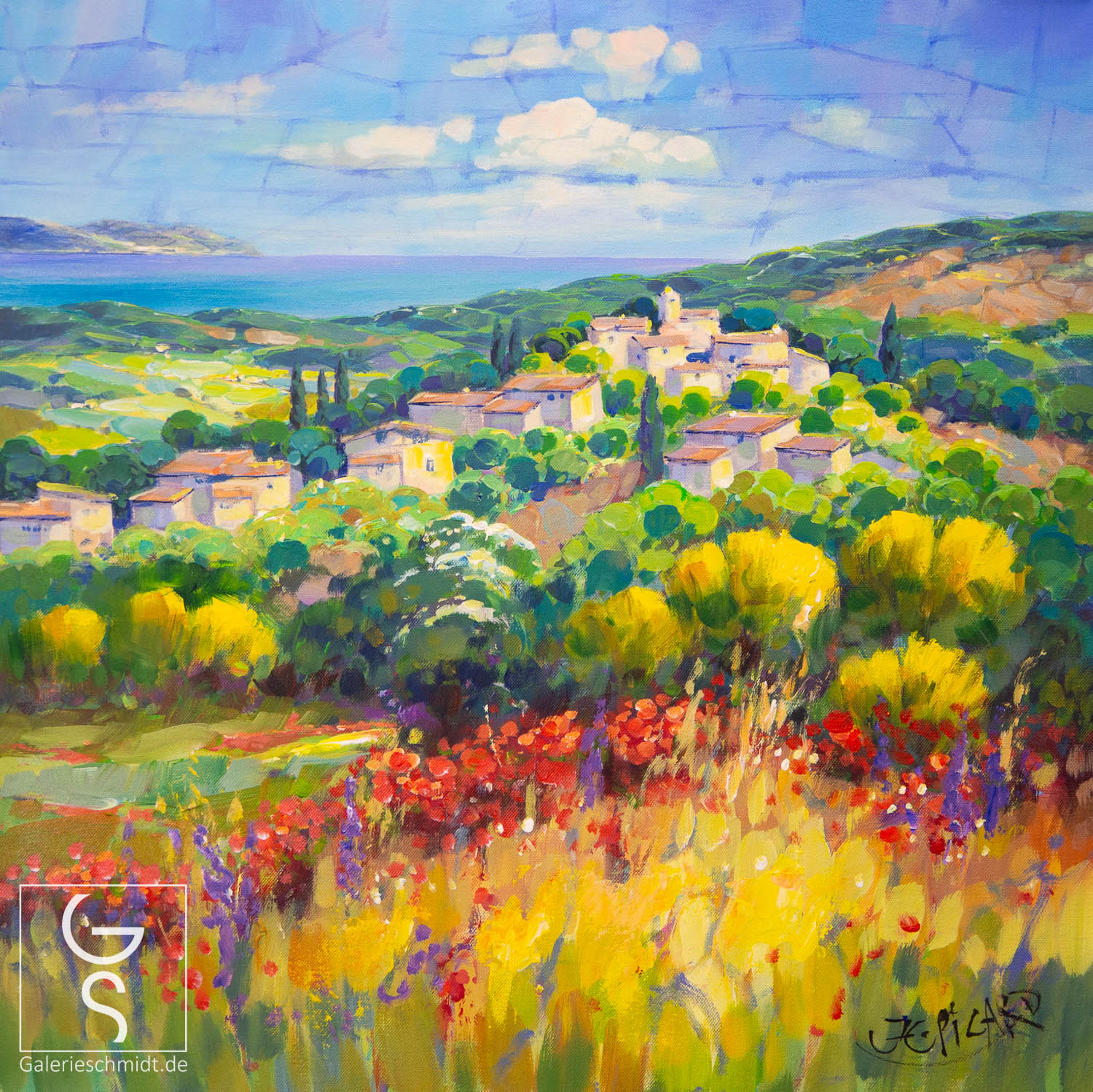 Stadt am Meer von Jean-Claude Picard Stadt am Meer von Jean-Claude Picard, mediterrane Landschaft und Felder auf Gemälde