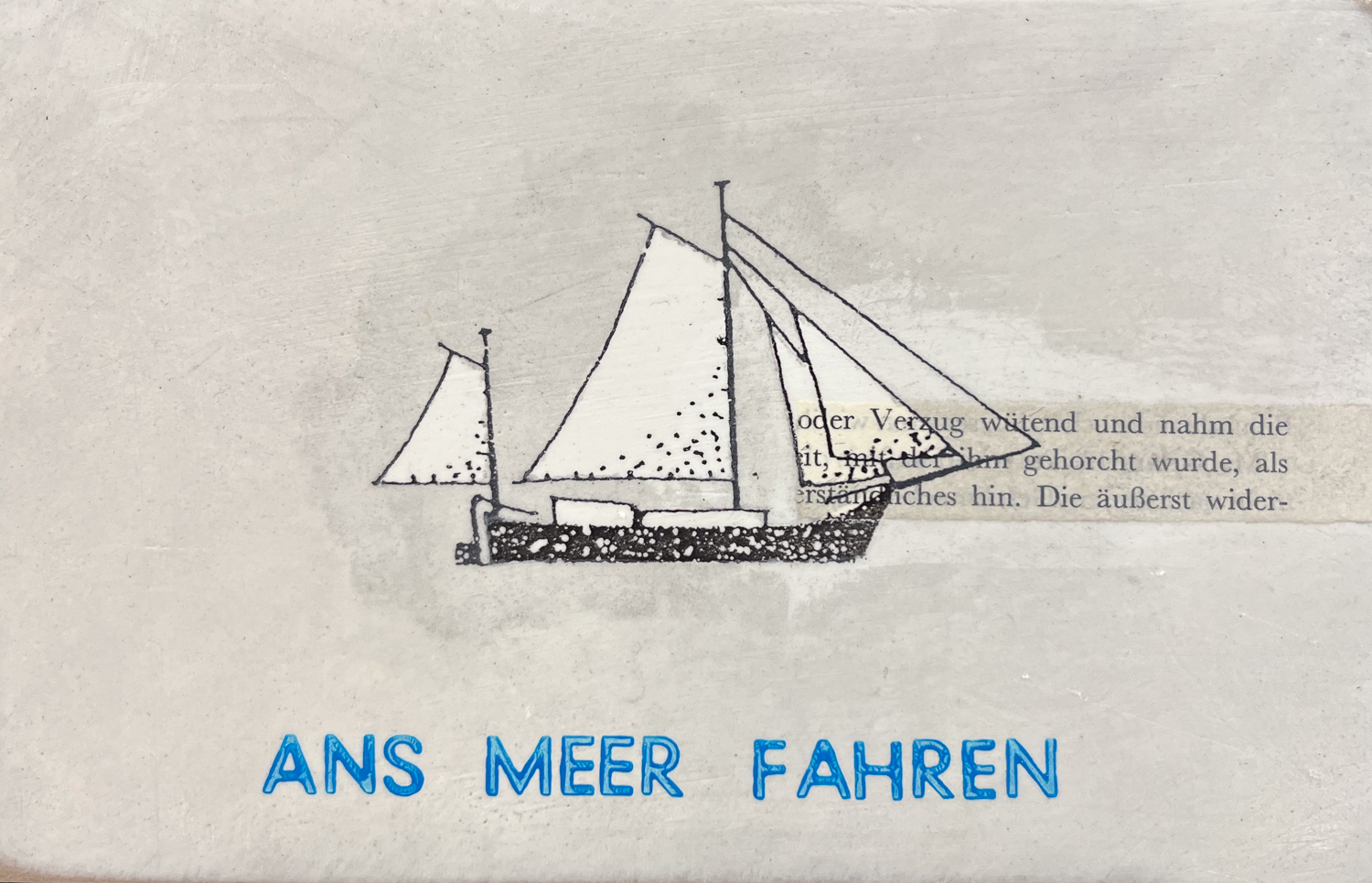 Ans Meer fahren von Petersen, Zeichnung von Schiff auf Holzobjekt, Maritime Kunst