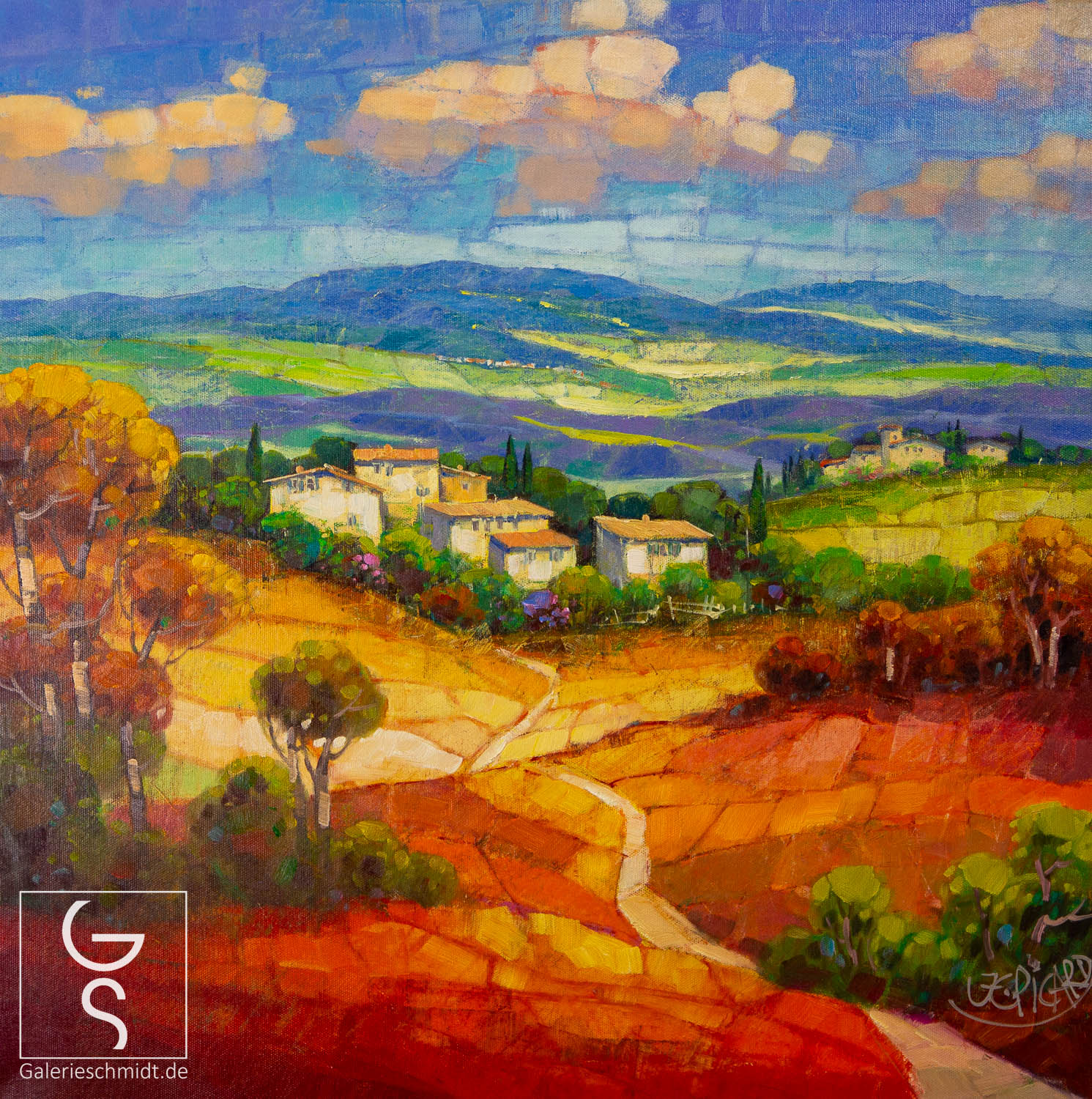 Dorfansicht von Jean-Claude Picard, mediterranes Gemälde eines Dorfes in warmen Rottönen