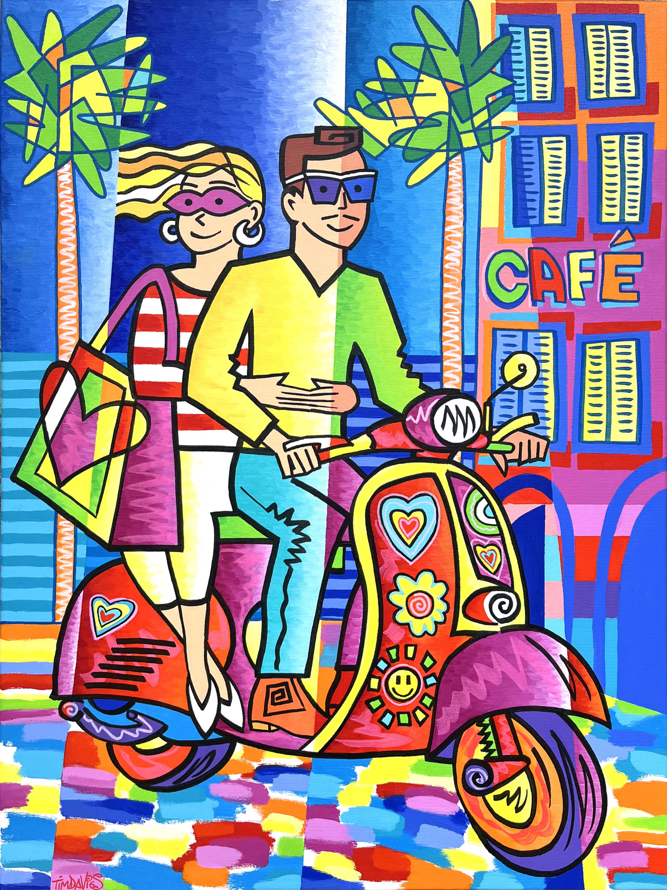 Summertime with You von Tim Davies, bunte Scooter Roller Popart Kunst