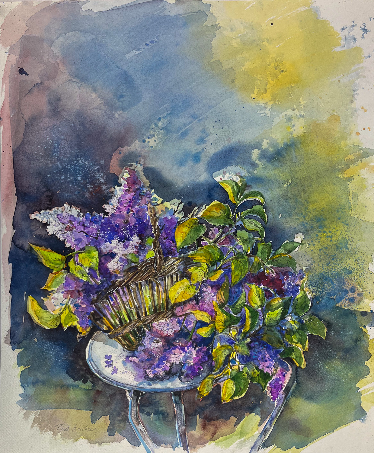 Bunter Lavendel , violett als Stilleben gemalt in Aquarellfarben, Original Kunstwerk