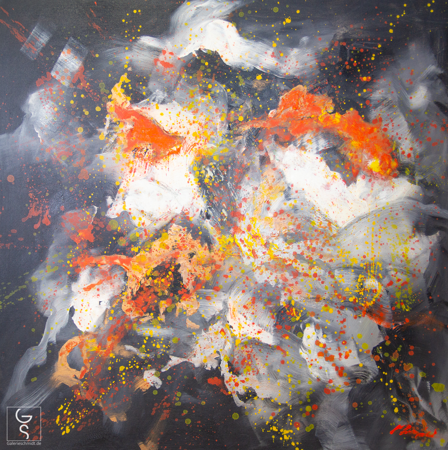 Eruption des Lichts, abstraktes Gemälde von Madjid in Schwarz, Weiß, Gelb und Orange