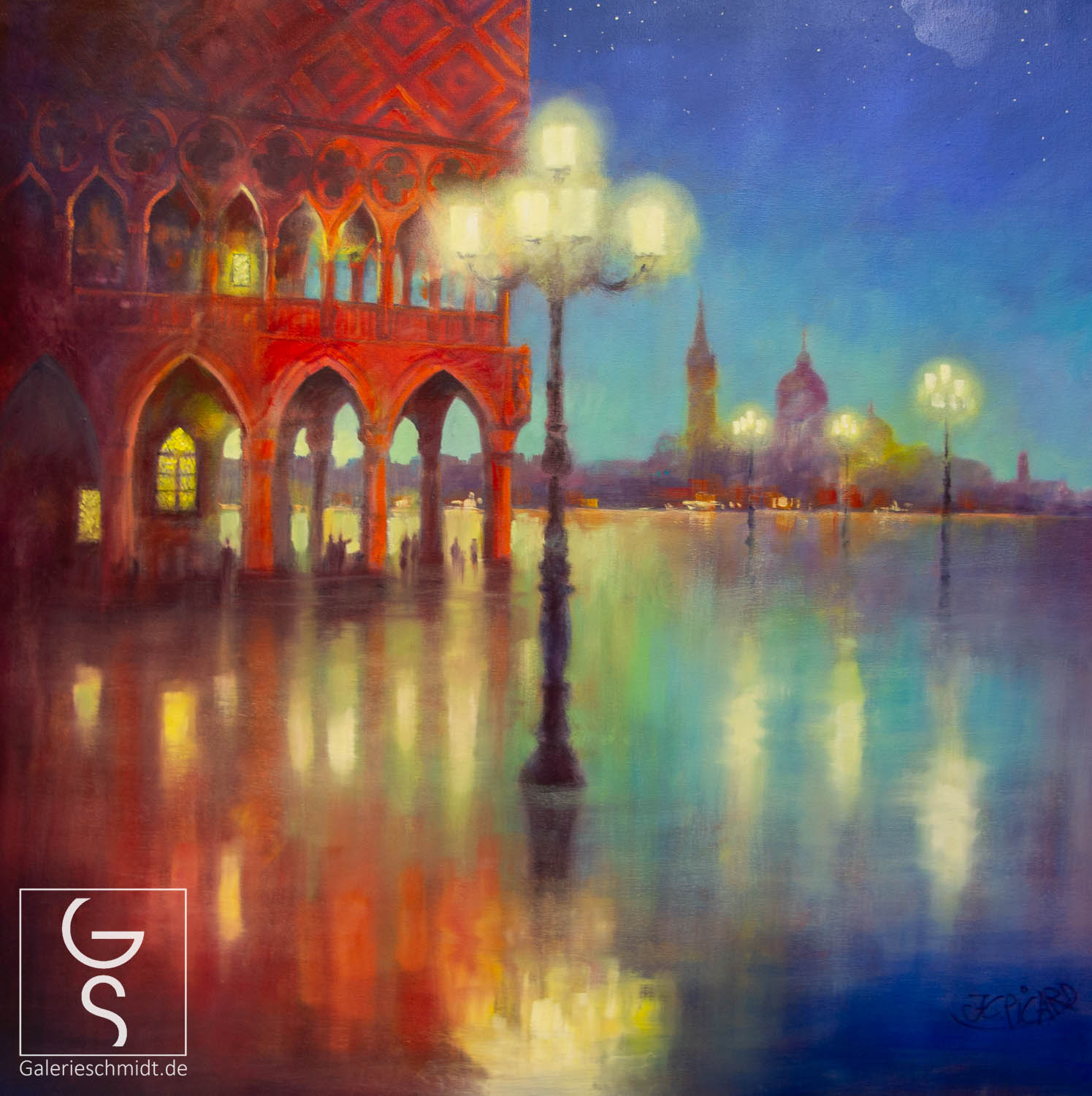 Venedig bei Sternennacht von Jean-Claude Picard, Gemälde auf Leinwand mit Reflexionen, romantisch