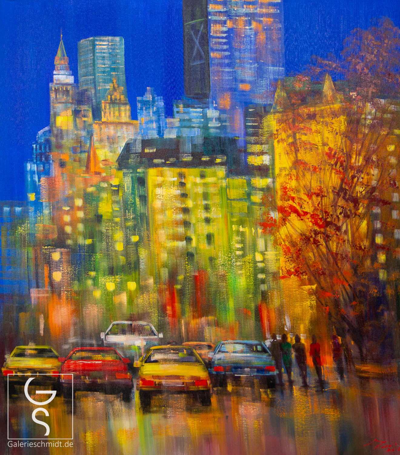 Städtische Impressionen bei Nacht von Madjid Rahnavardkar Städtische Impressionen bei Nacht von Madjid Rahnavardkar, abstraktes Gemälde einer Stadt mit Reflexionen