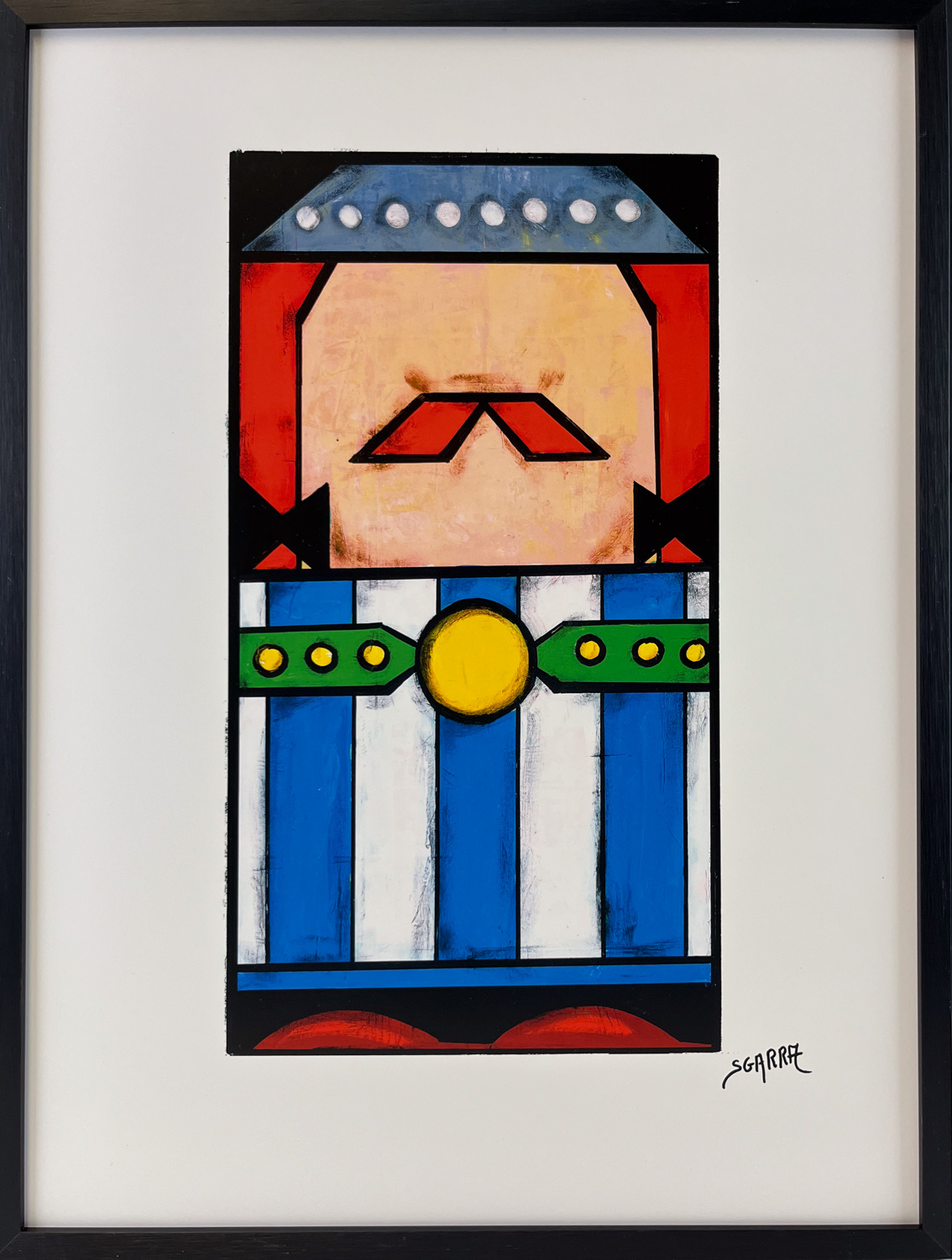 Abstraktes Pop-Art Kunstwerk des bekannten Comic Charakters Obelix, Kunstdruck im Rahmen