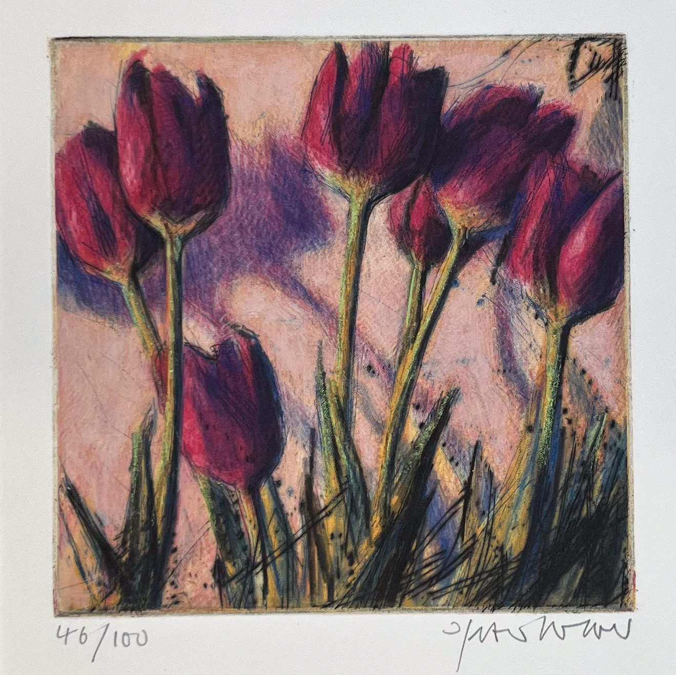 Kunstwerk Radierung von Peter Wever, rote Tulpen, klassisches Kunstwerk, signiert