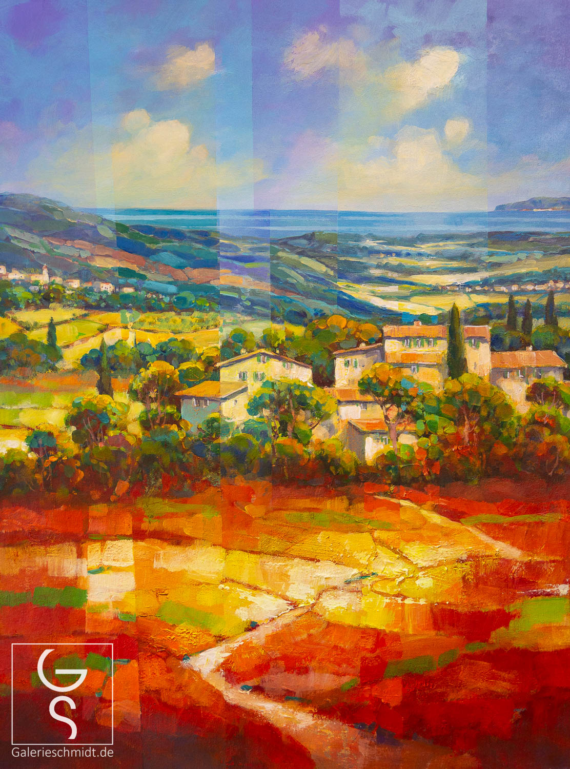 Dorf in leuchtender Landschaft von Jean-Claude Picard, mediterranes leuchtendes Gemälde in Acryl auf Leinwand.