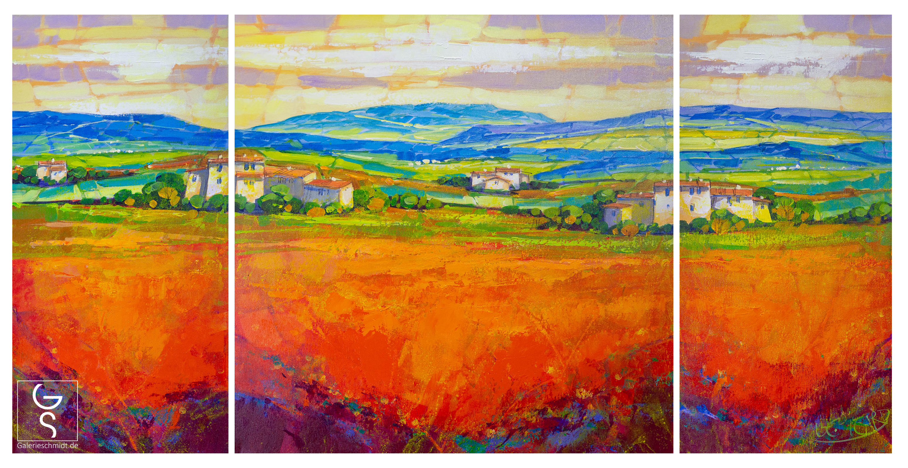 Sonnenaufgang von Jean-Claude Picard, dreiteiliges Triptychon, mediterranes Gemälde in drei Teilen, groß