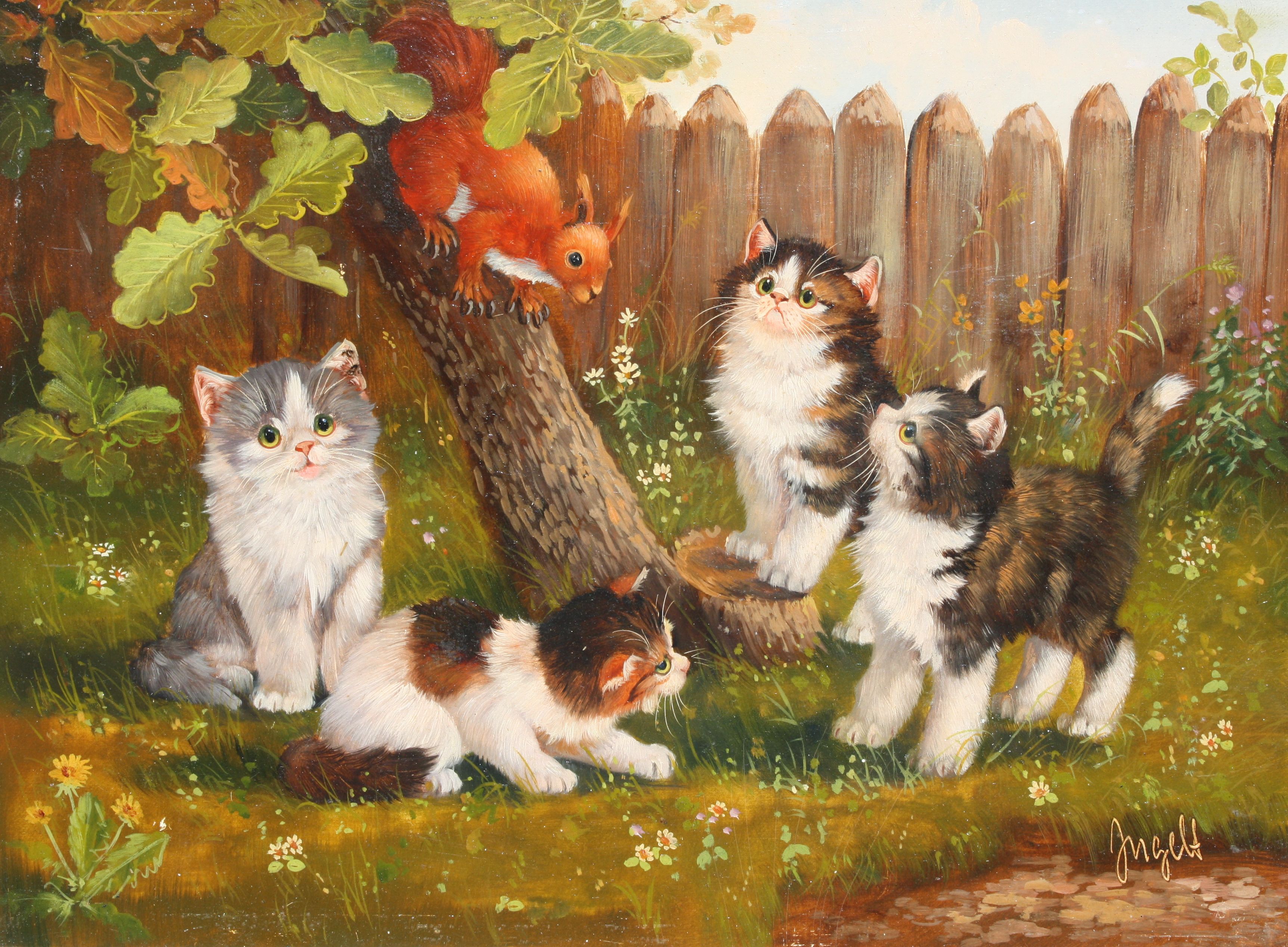 Katzen-mit-Eichhoernchen-18-x-24-cm Spielende Kätzchen
