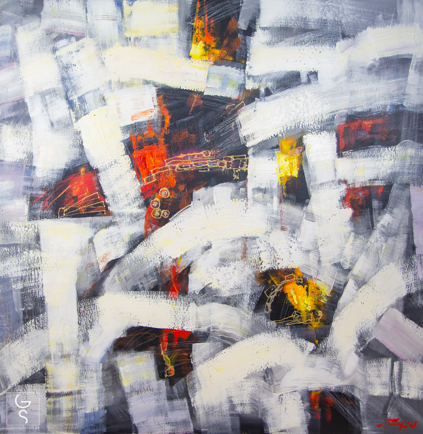 Chaos in Stille von Madjid, abstraktes modernes Kunstwerk von Maler Madjid in Schwarz und Weiß mit Farbakzenten in Rot und Gelb.