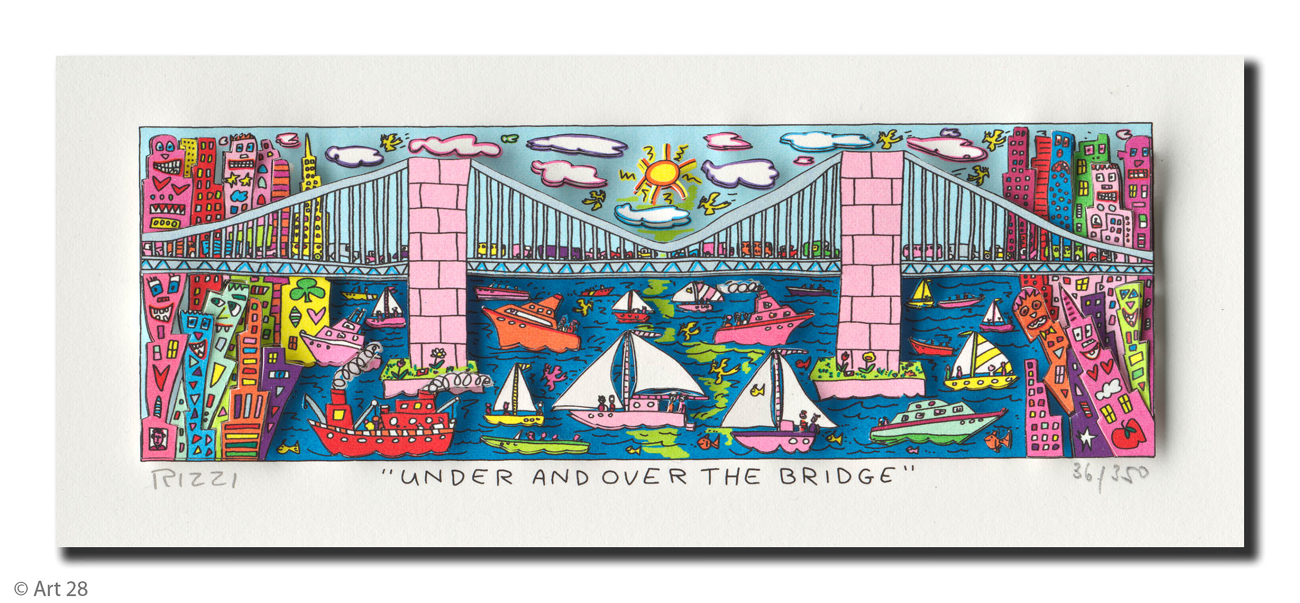 Abstrakte Darstellung einer Brücke mit Booten von James Rizzi