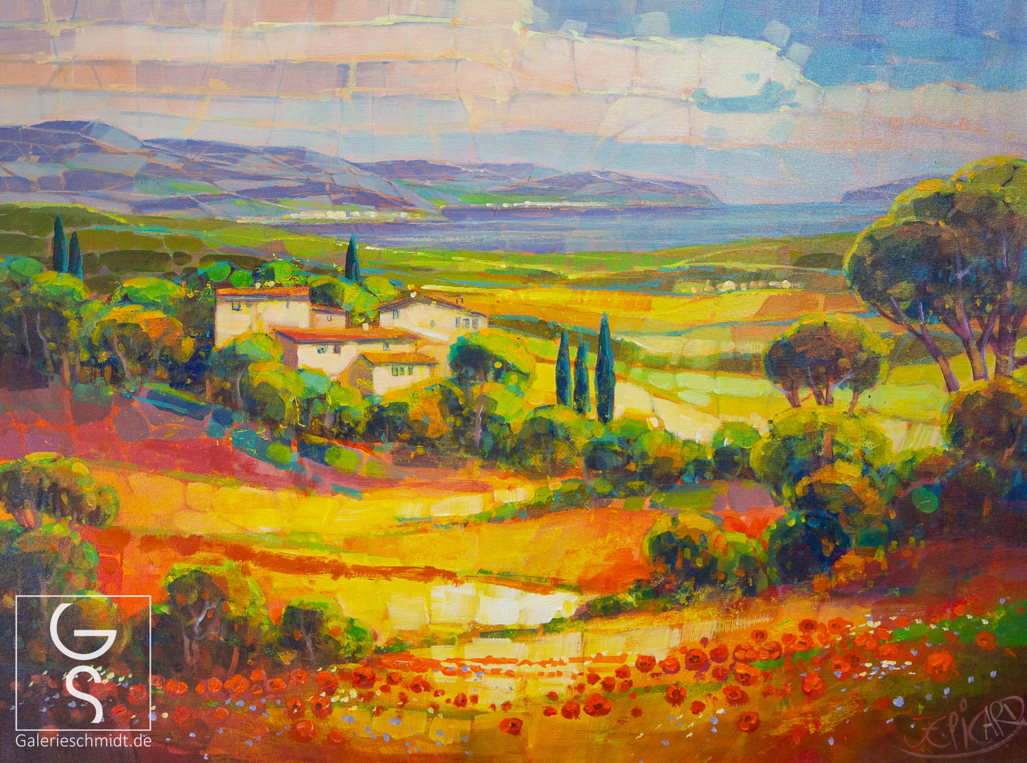 Dorf am Meereshang von Jean-Claude Picard. Gemälde eines mediterranen Dorfes in Kunstgalerie.