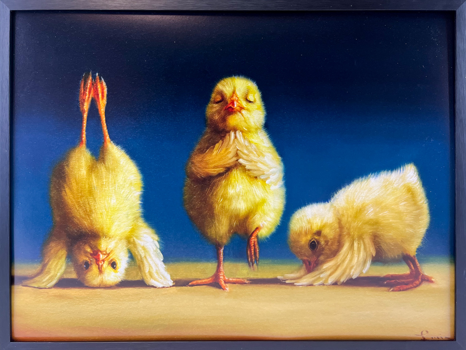 Yoga Chicks von Lucia Heffernan Yoga treibende Kueken im Pop-Art Kunstdruck, gerahmt im Bilderrahmen
