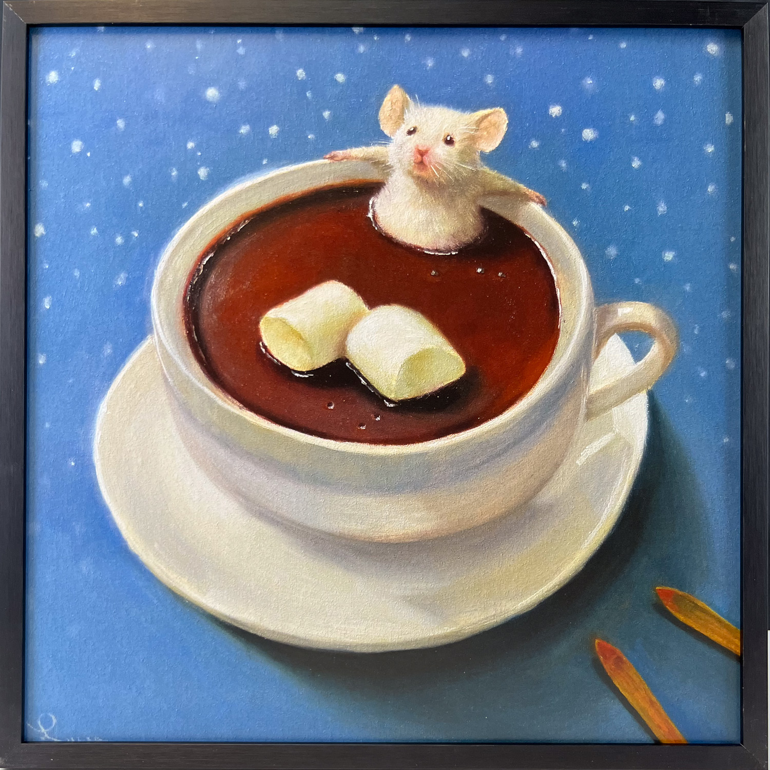 Apres Ski von Lucia Heffernan, Kunstdruck im Rahmen Pop Art Kunstdruck, Maus in Kakao Tasse, badend, niedlich