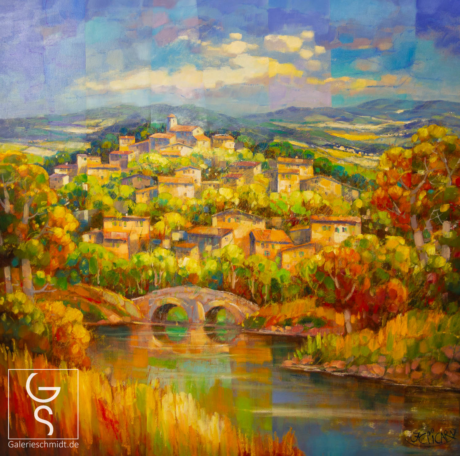 Dorf am Hang von Jean-Claude Picard Dorf am Hang von Jean-Claude Picard, mediterranes leuchtende Landschaft Kunstwerk